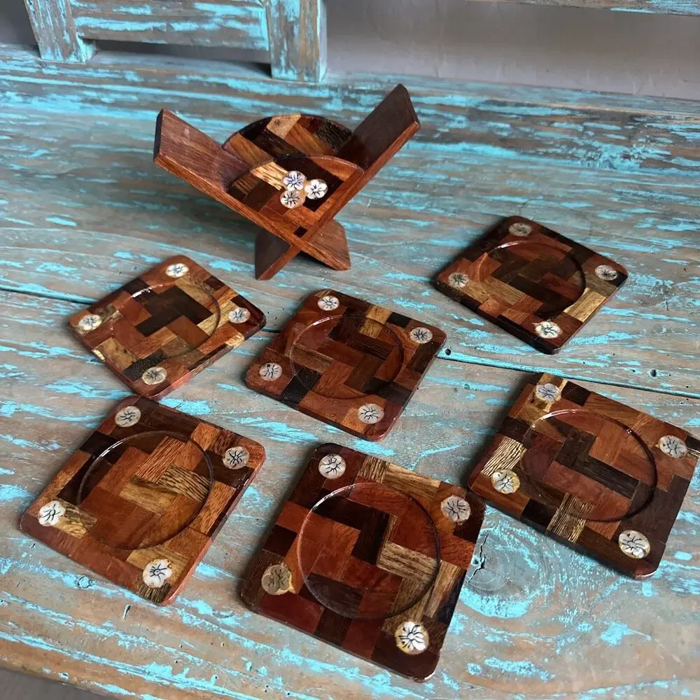 Vintage Lacquered Coasters Wooden Flowers Holder Square Boho Granny Set Cottage